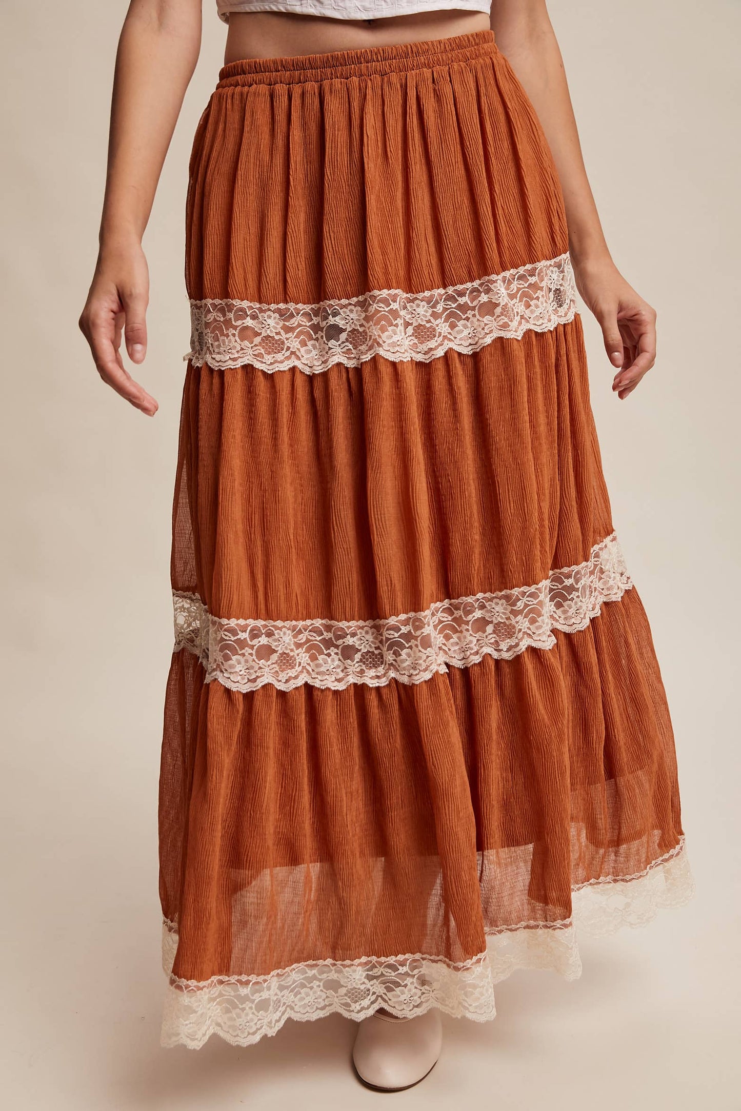 Tiered Lace-Trim Maxi Skirt