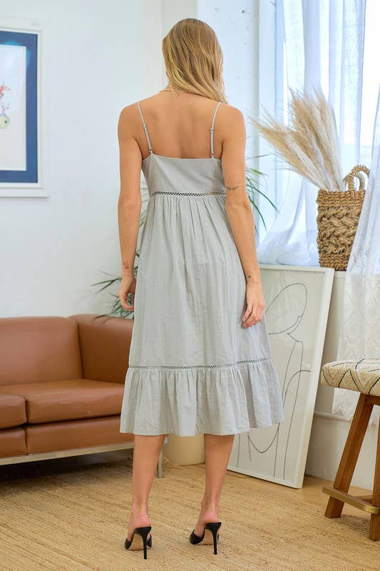V-neck Cotton Midi Dress With Pintuck Detail