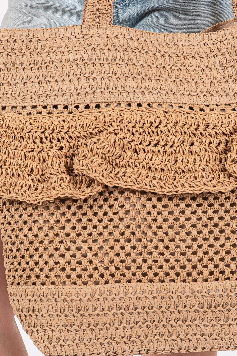 Ruffle Detail Crochet Straw Tote Bag