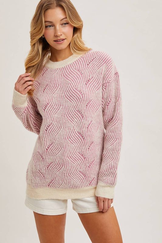 Crew Neck Geo Textured Knit Sweater