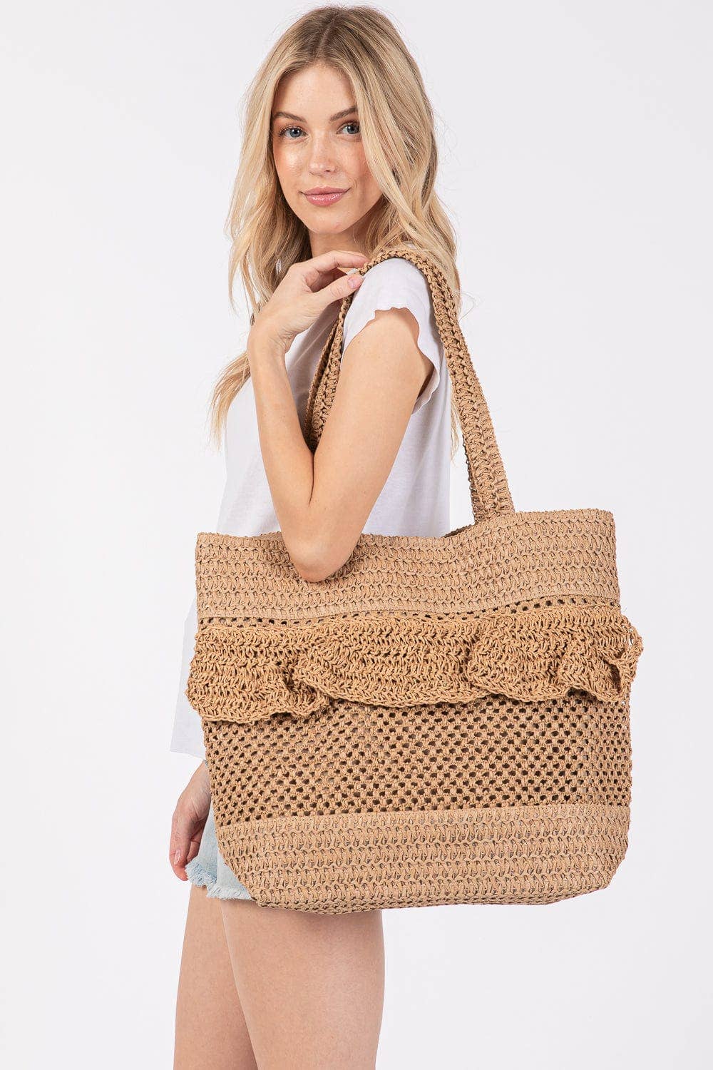 Ruffle Detail Crochet Straw Tote Bag