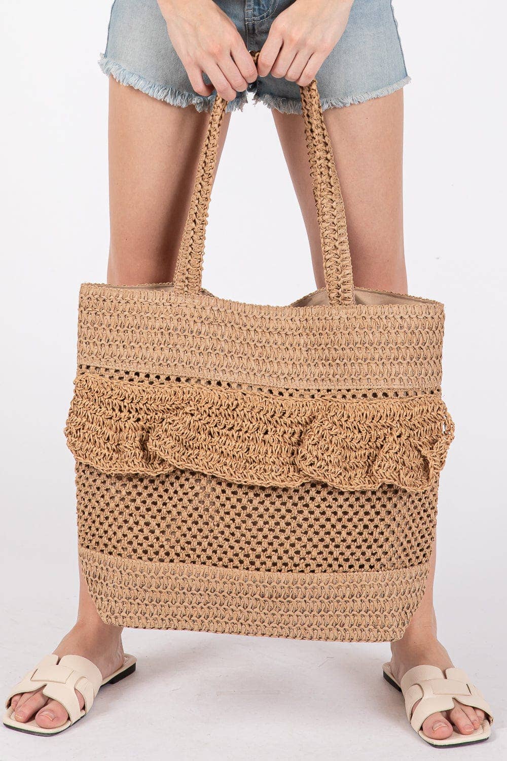 Ruffle Detail Crochet Straw Tote Bag