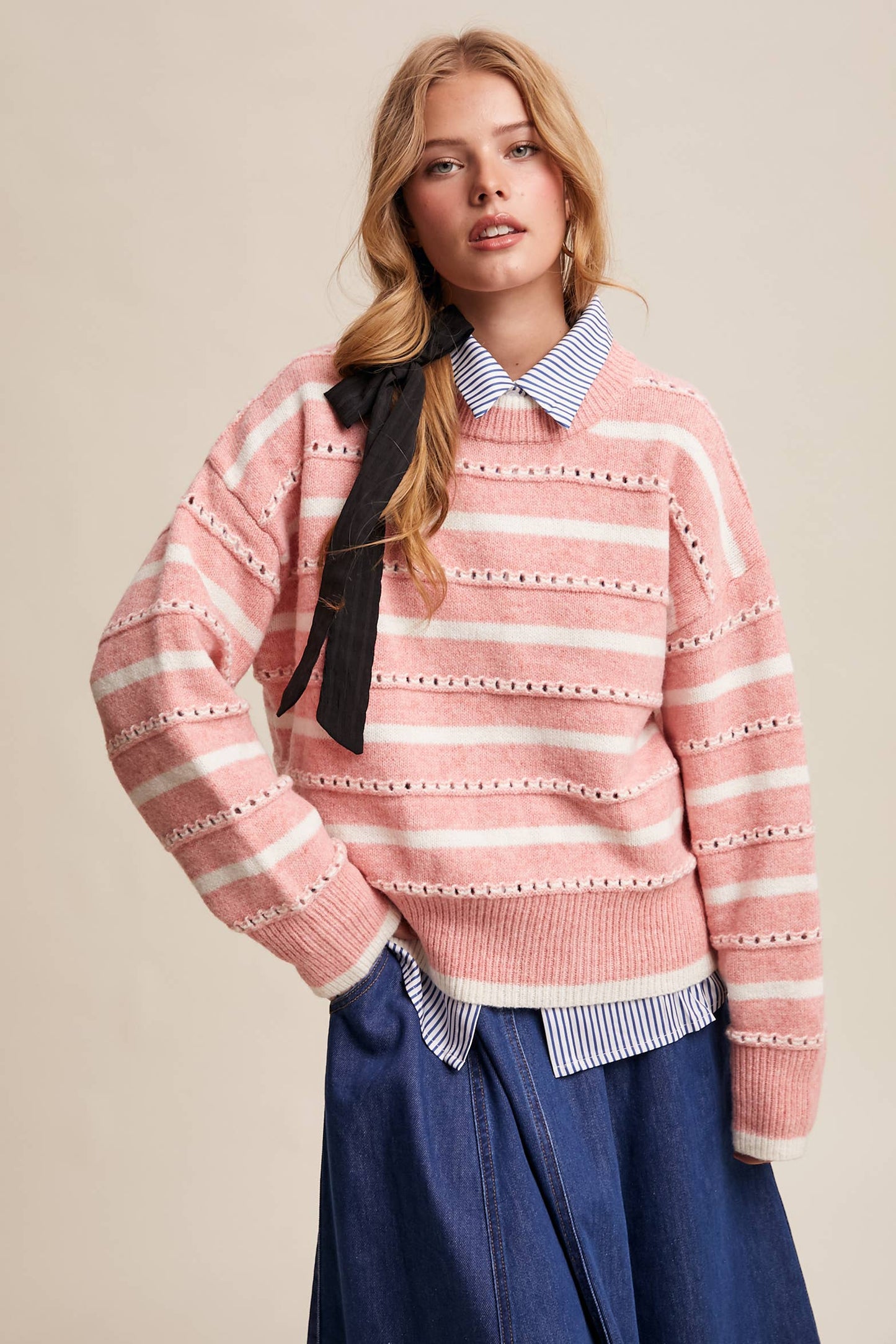 Striped Open-Stitch Sweater