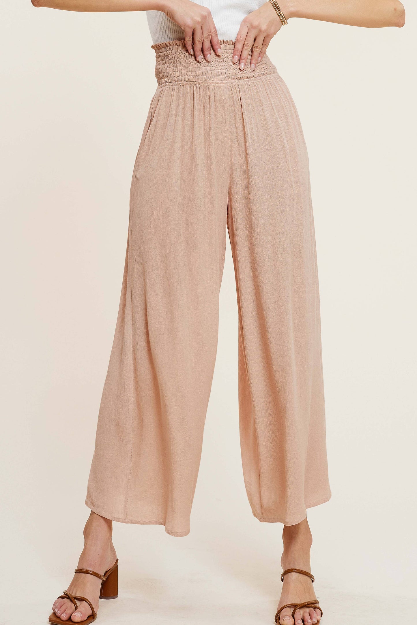 Wide Leg Smocked Elastic Waist Pants With Pockets