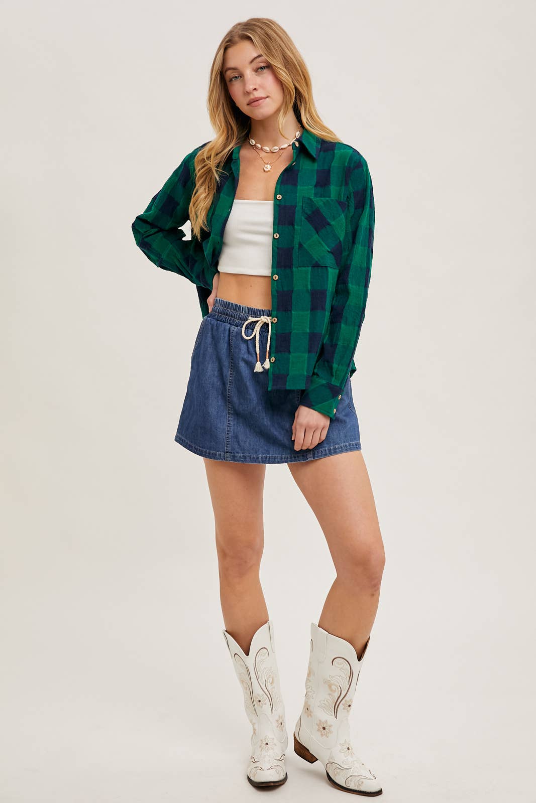 Denim Drawstring Skort with Pockets