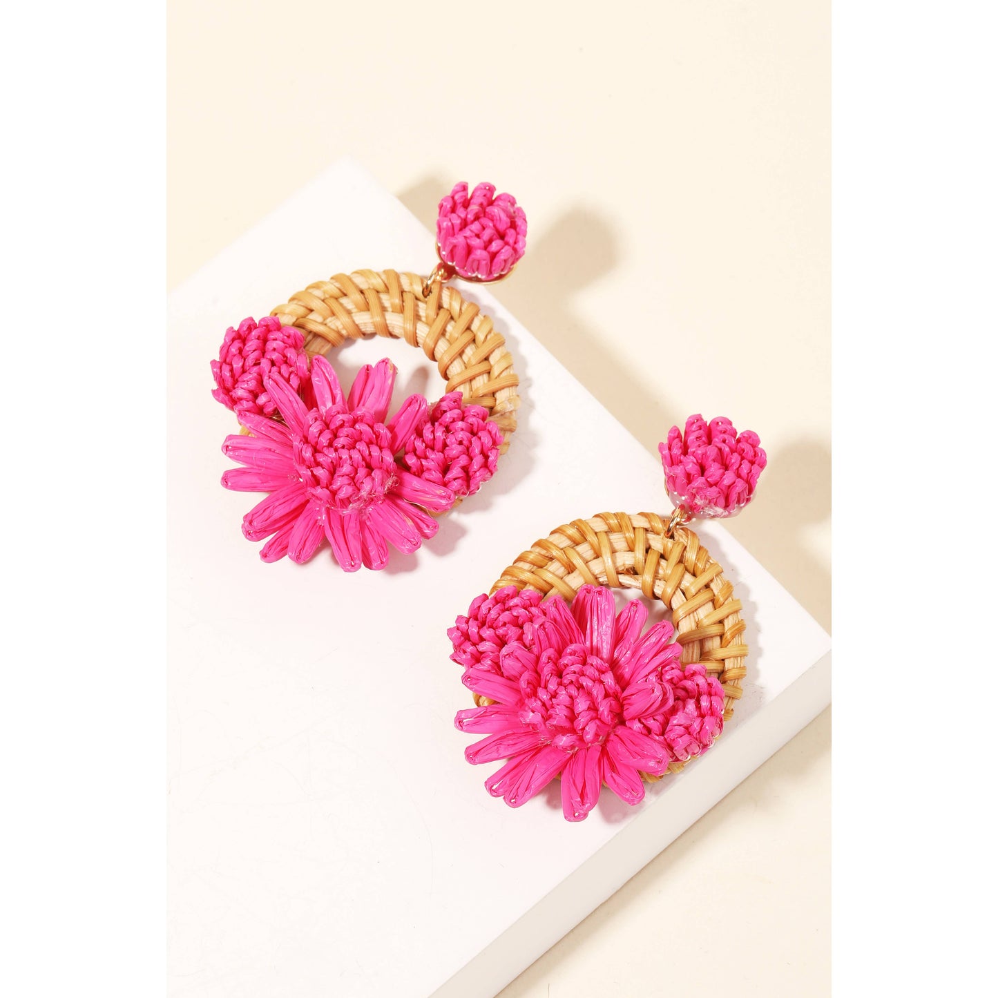 Raffia Flower Braided Hoop Drop Earrings