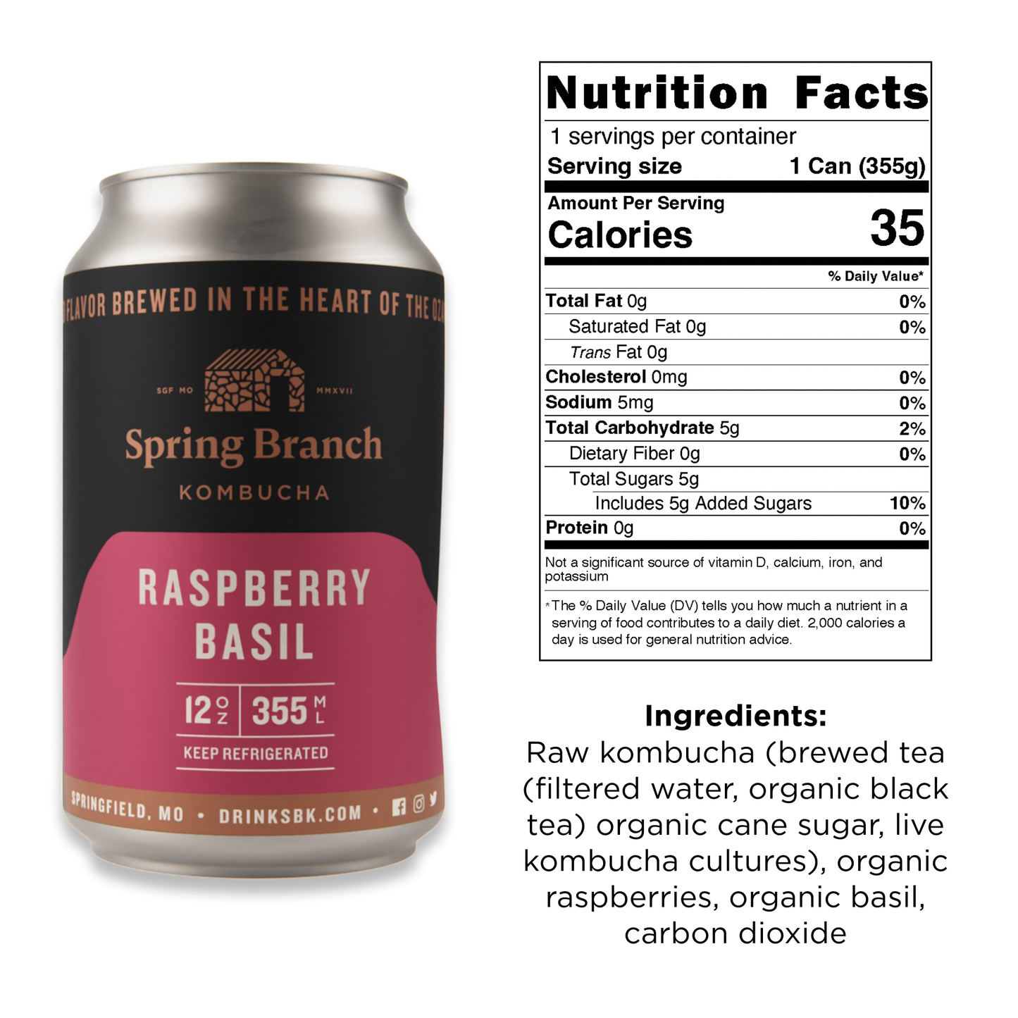 Raspberry Basil Kombucha, 12 oz