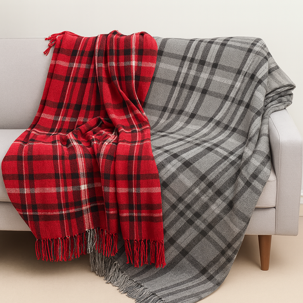 Red Chenille Woven Plaid Tassel 50"x60" Throw Blanket