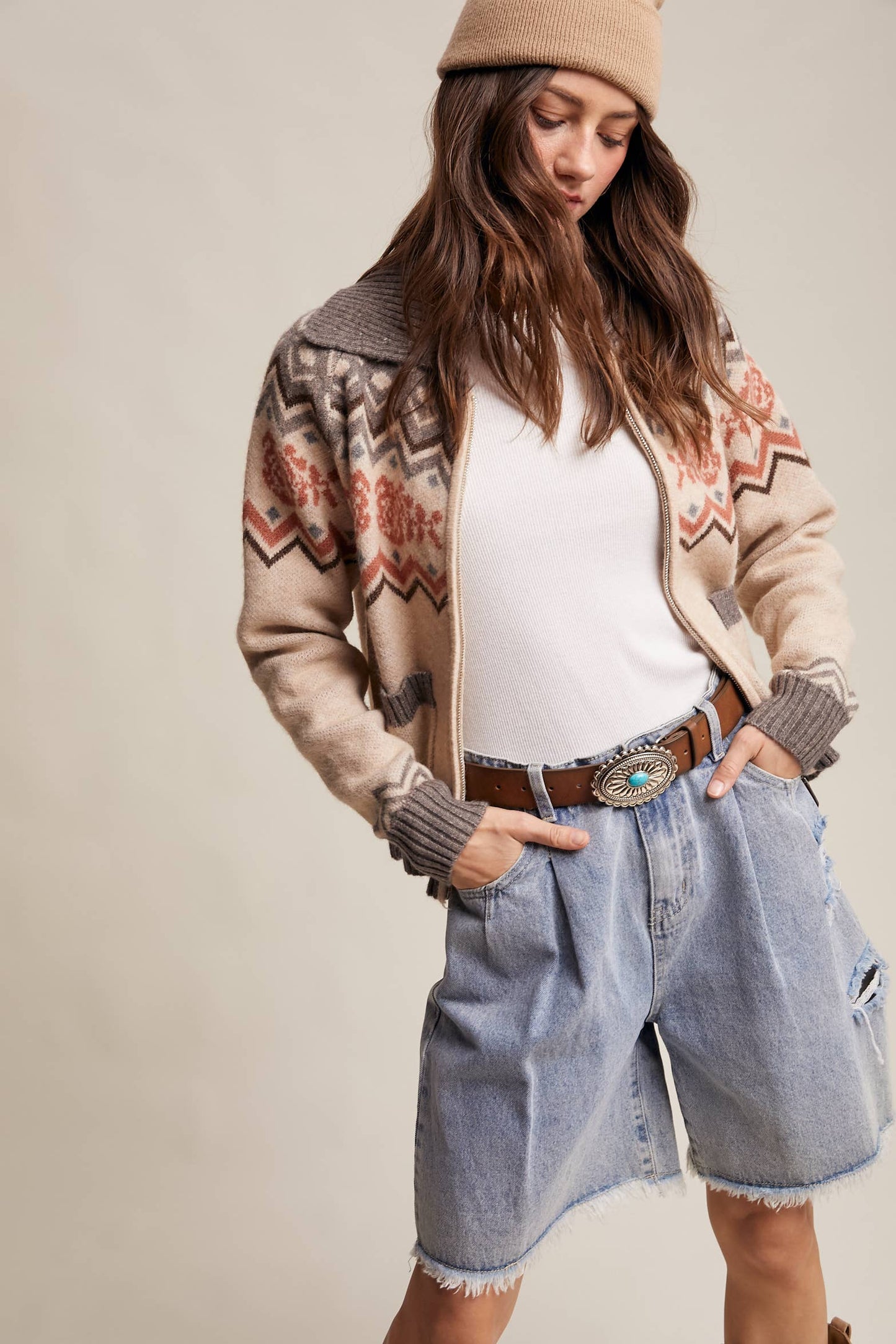 Retro Floral Knit Zip-Up Cardigan