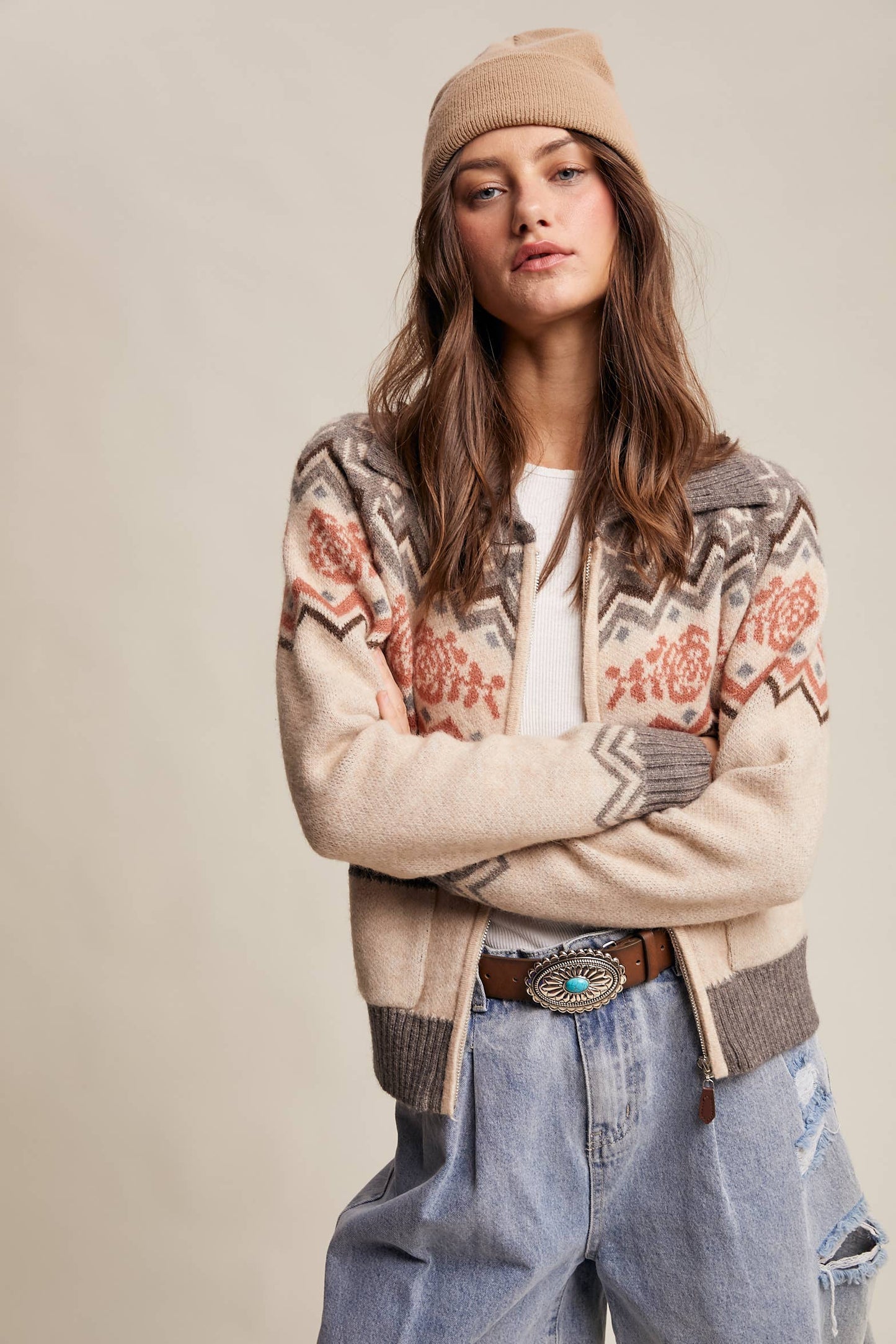 Retro Floral Knit Zip-Up Cardigan