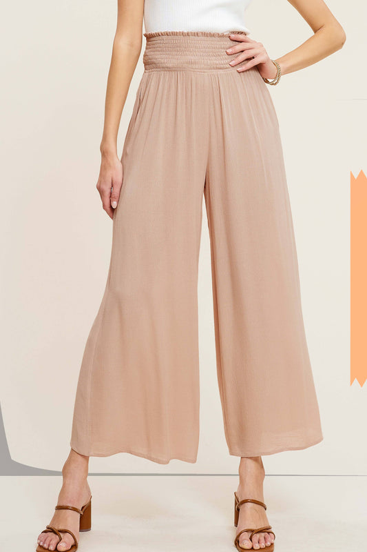 Wide Leg Smocked Elastic Waist Pants With Pockets