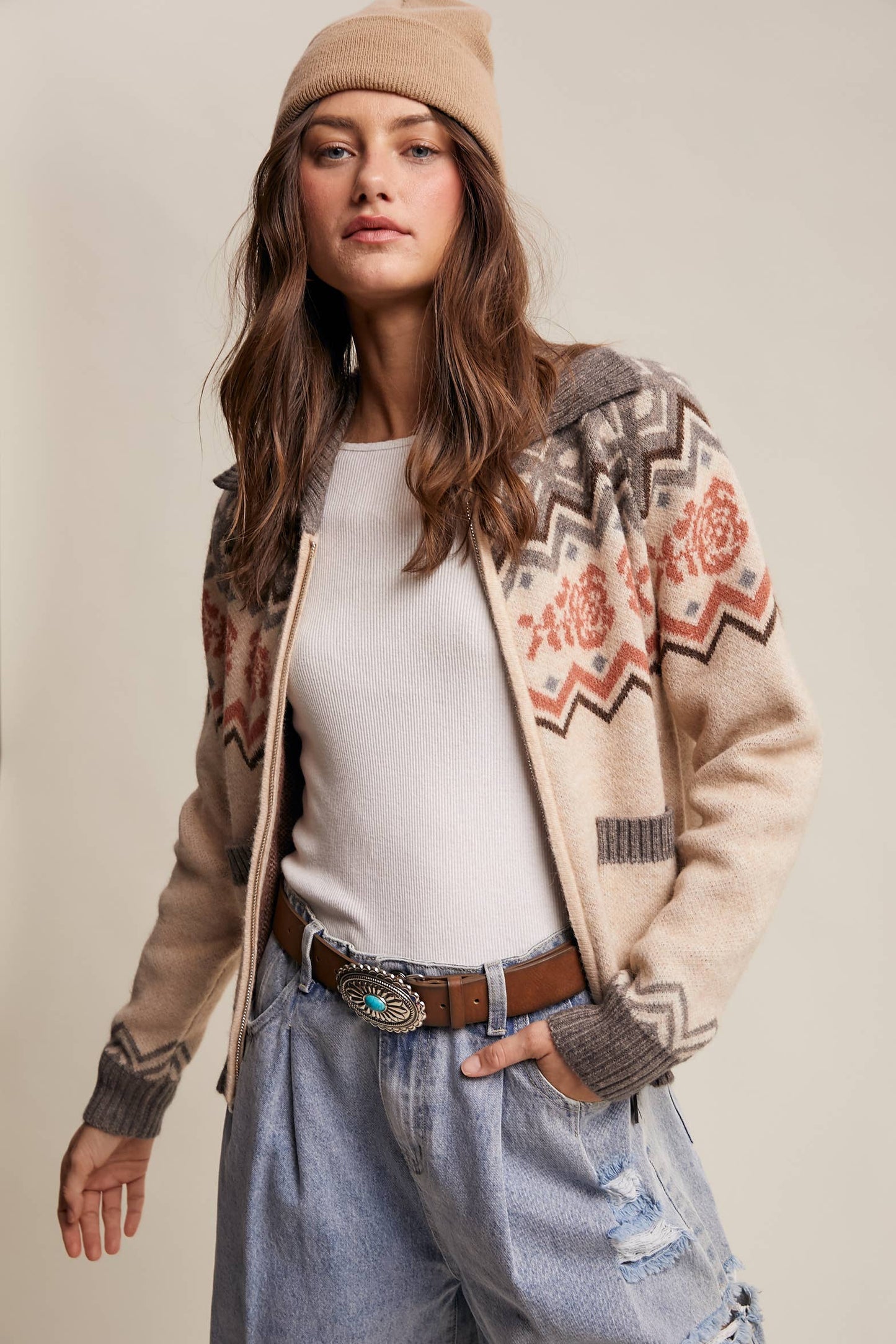 Retro Floral Knit Zip-Up Cardigan