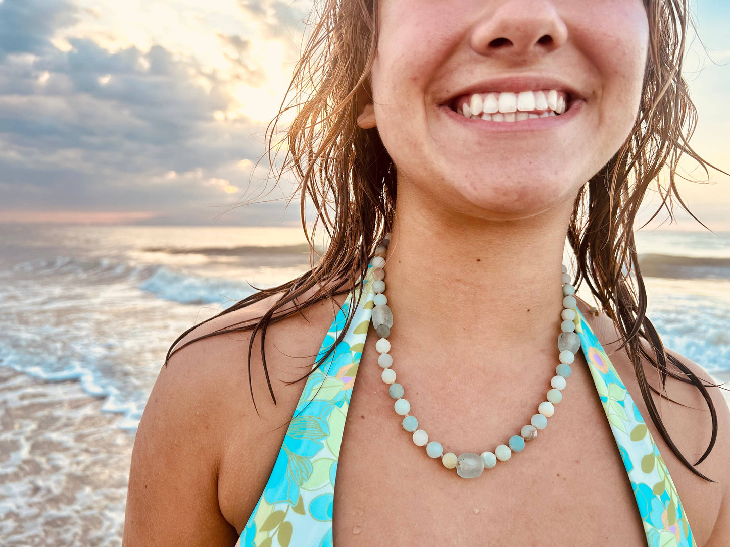 Amazonite and Recycled Glass Adjustable Beaded Necklace