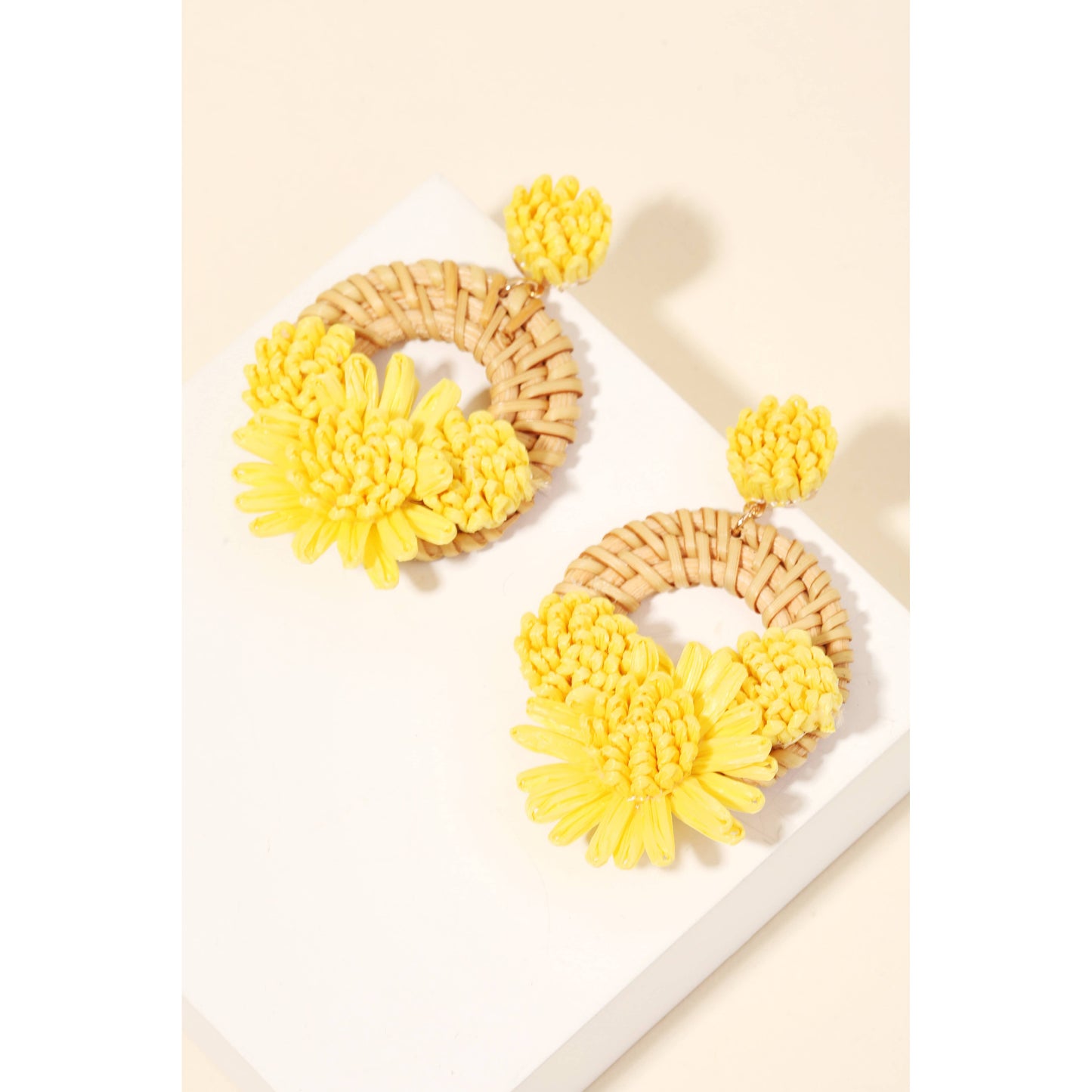 Raffia Flower Braided Hoop Drop Earrings