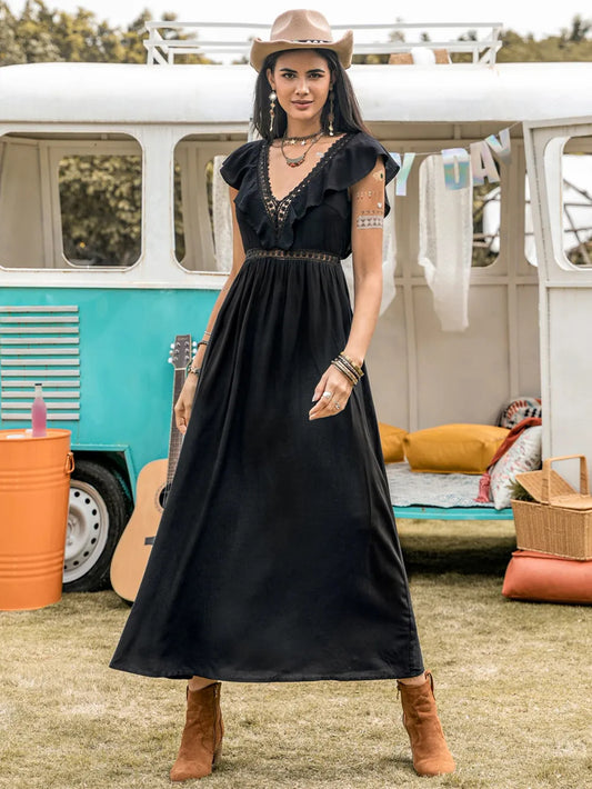 Plunge Cap-Sleeve Midi Dress