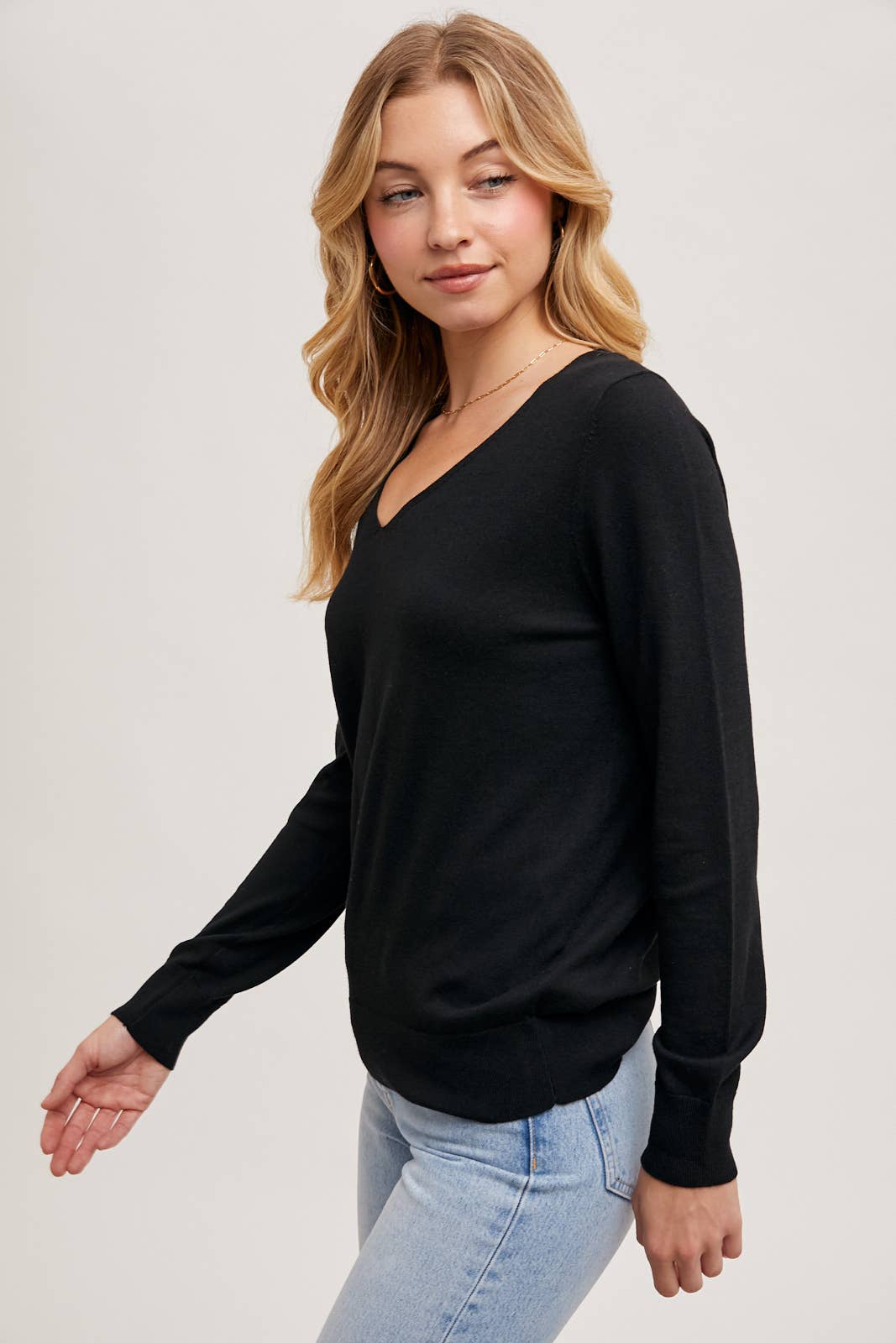 V-Neck Knit Pullover Long Sleeve Top