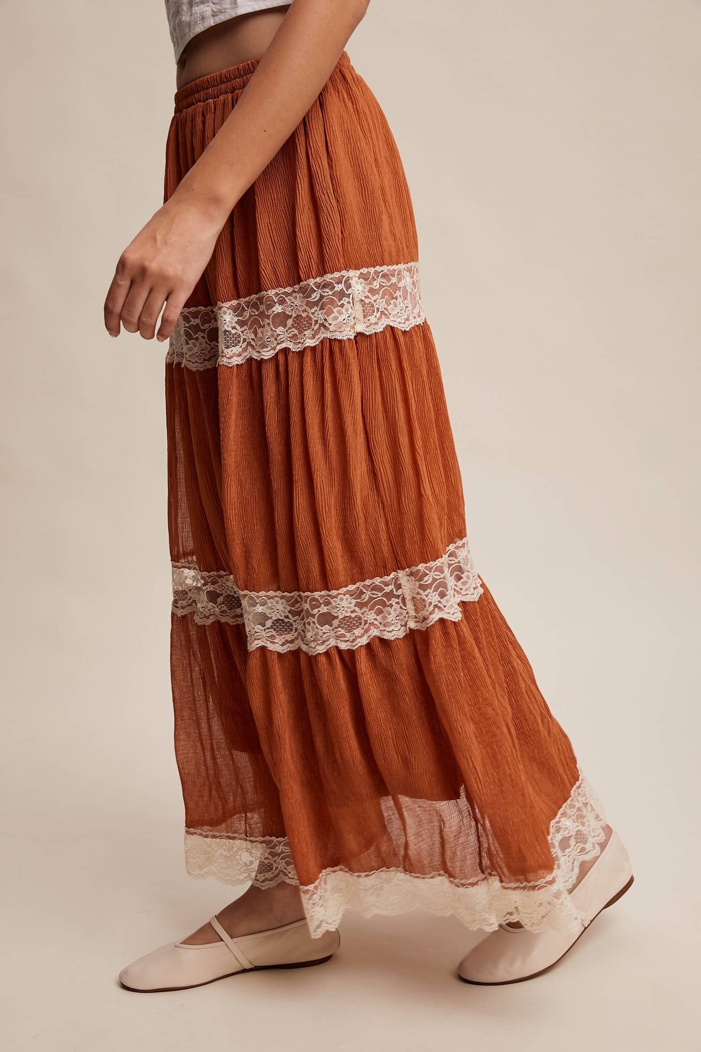 Tiered Lace-Trim Maxi Skirt