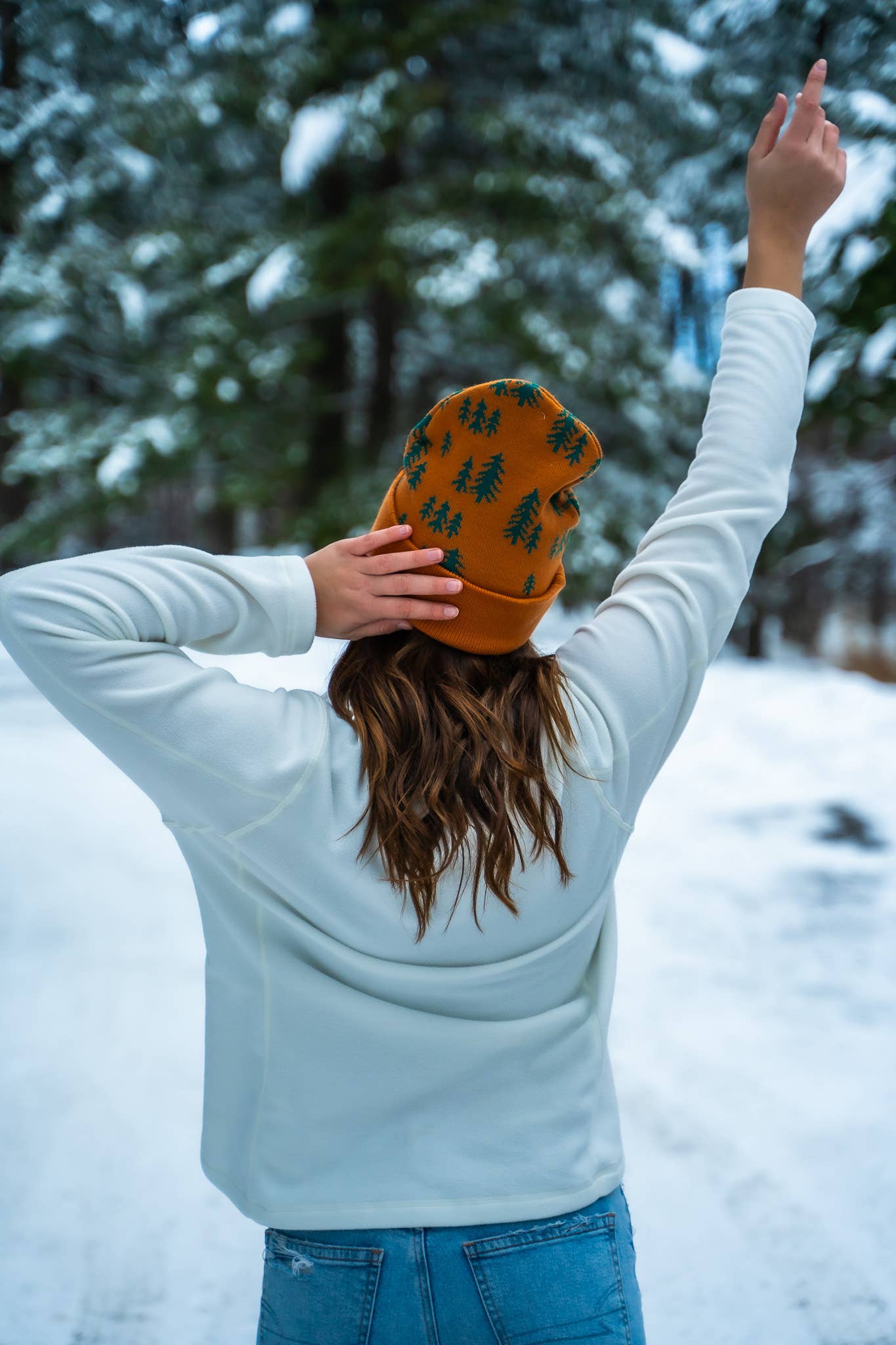 Pine Tree Fold Over Beanie - Teal/Honey Brown
