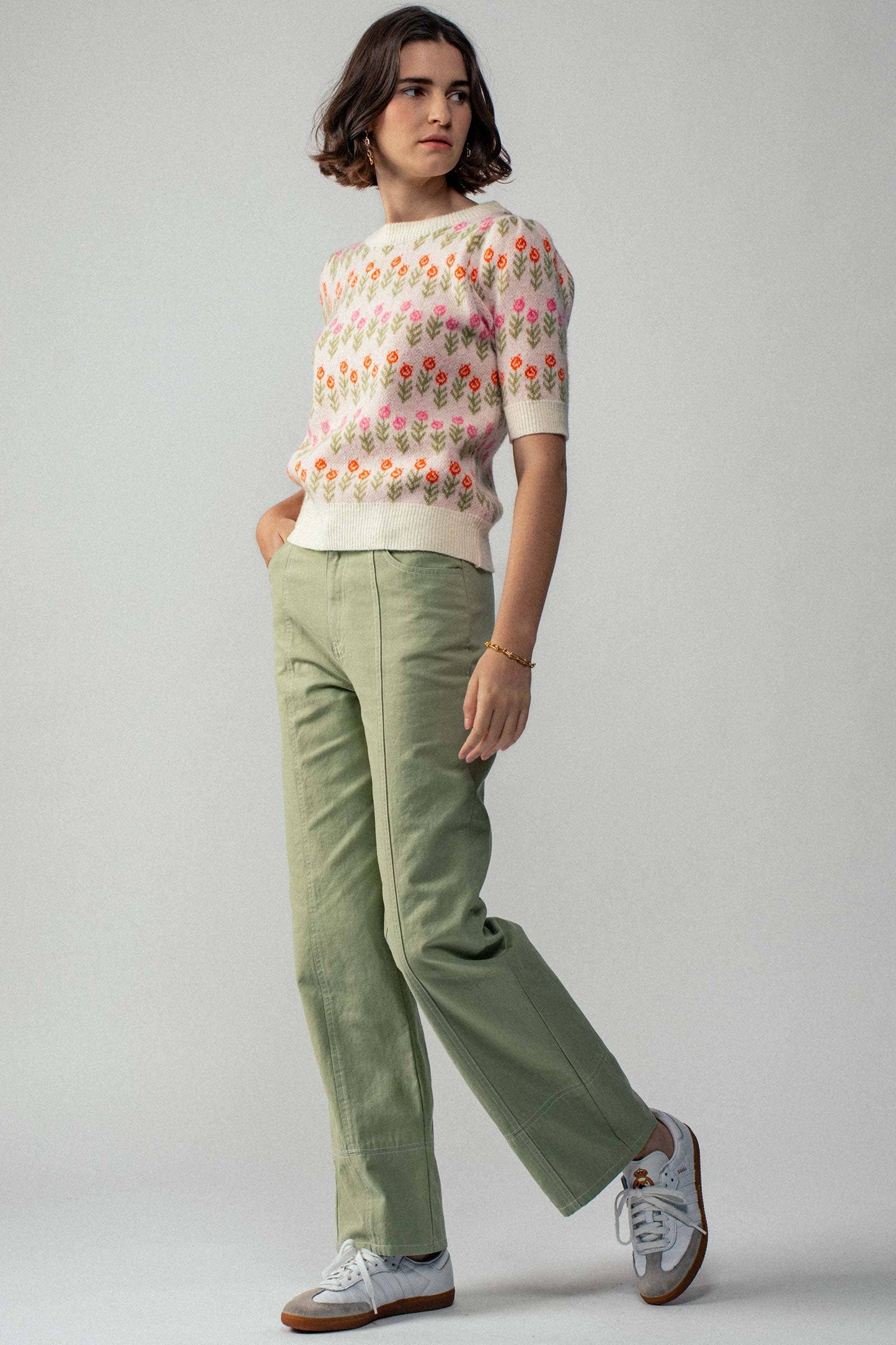 Floral Print Crew Neck Knit Sweater