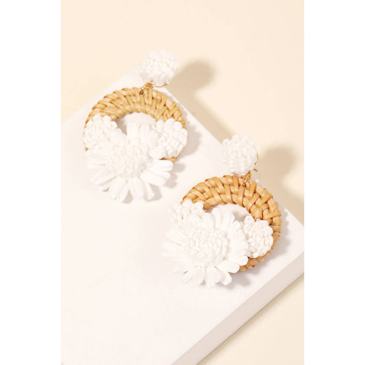 Raffia Flower Braided Hoop Drop Earrings