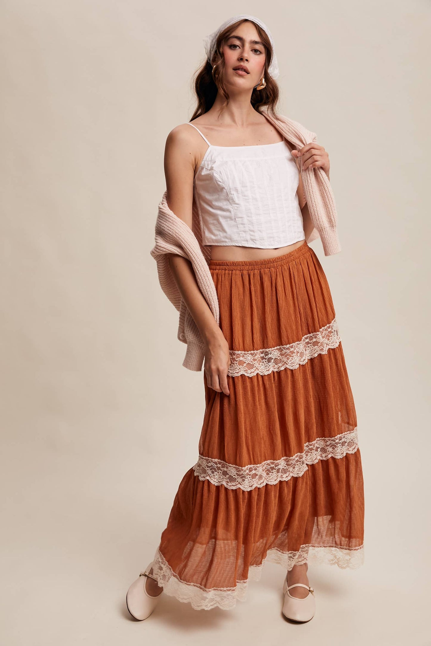 Tiered Lace-Trim Maxi Skirt
