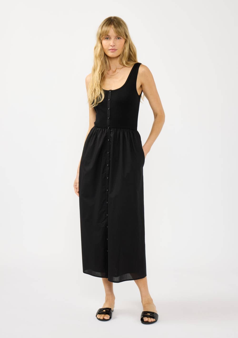 Button-Front Knit & Woven Tank Dress