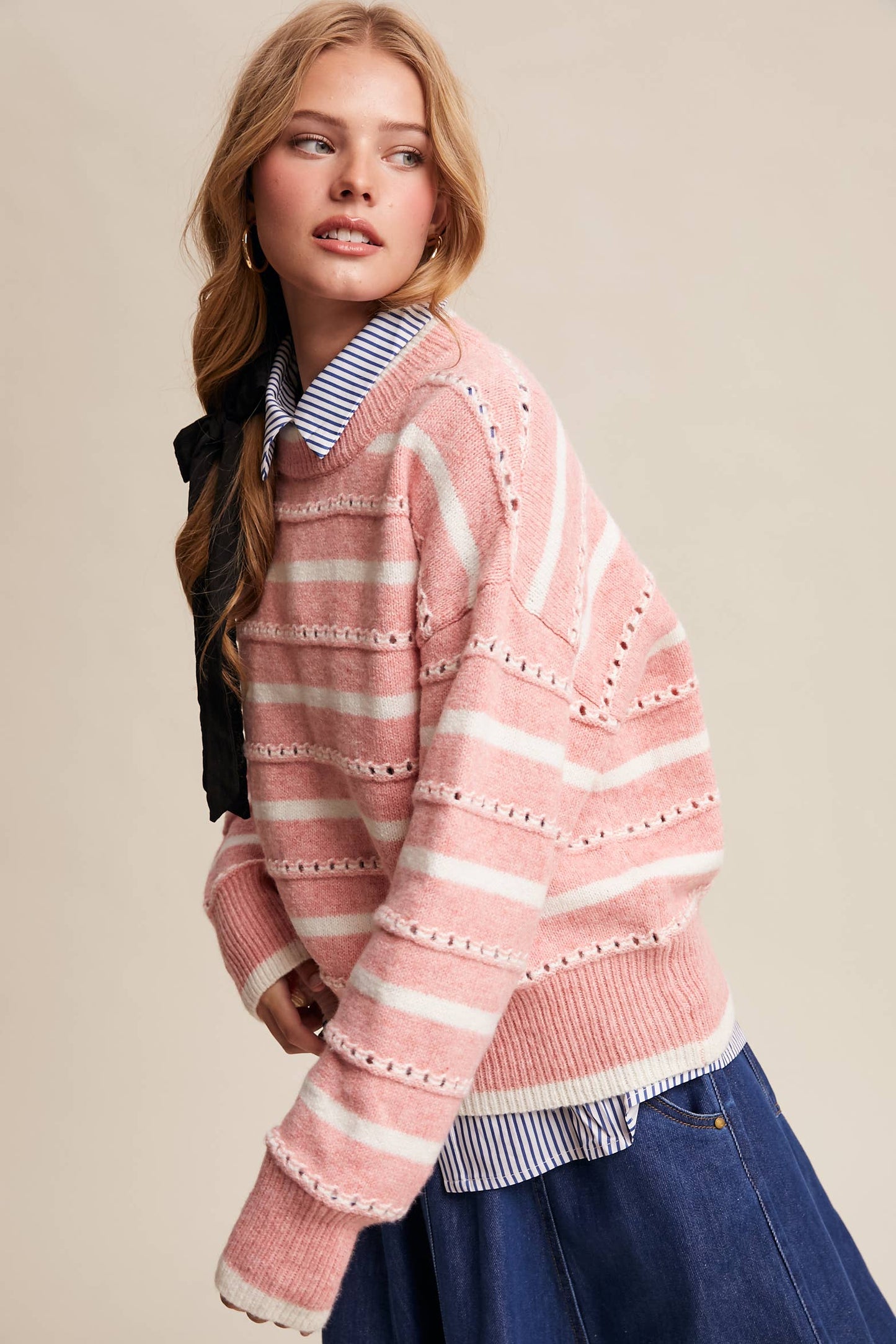 Striped Open-Stitch Sweater