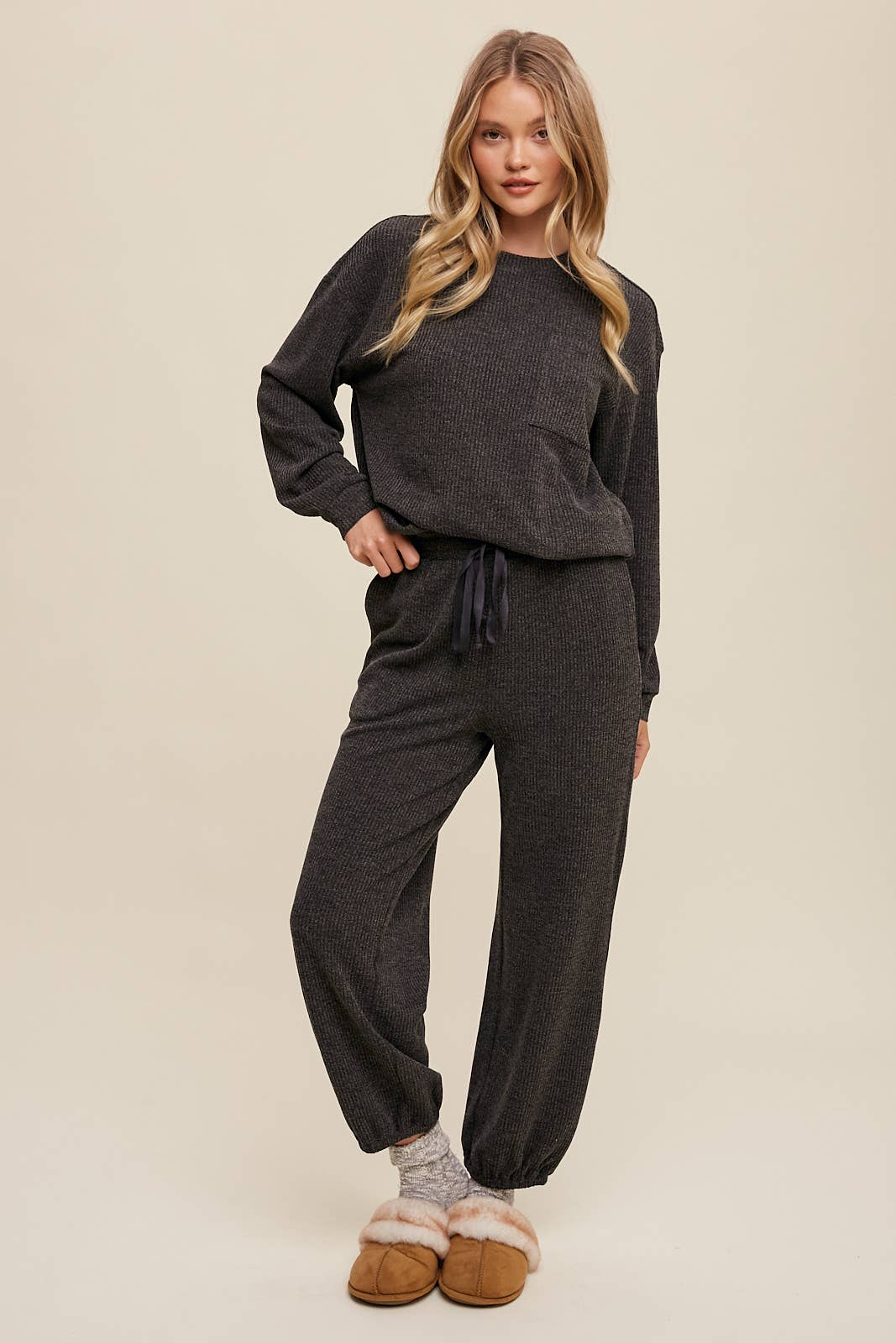 Waffle Knit Long Sleeve Lounge Set