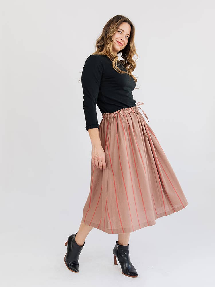 Mya Drawstring Midi Skirt Cocoa Stripe