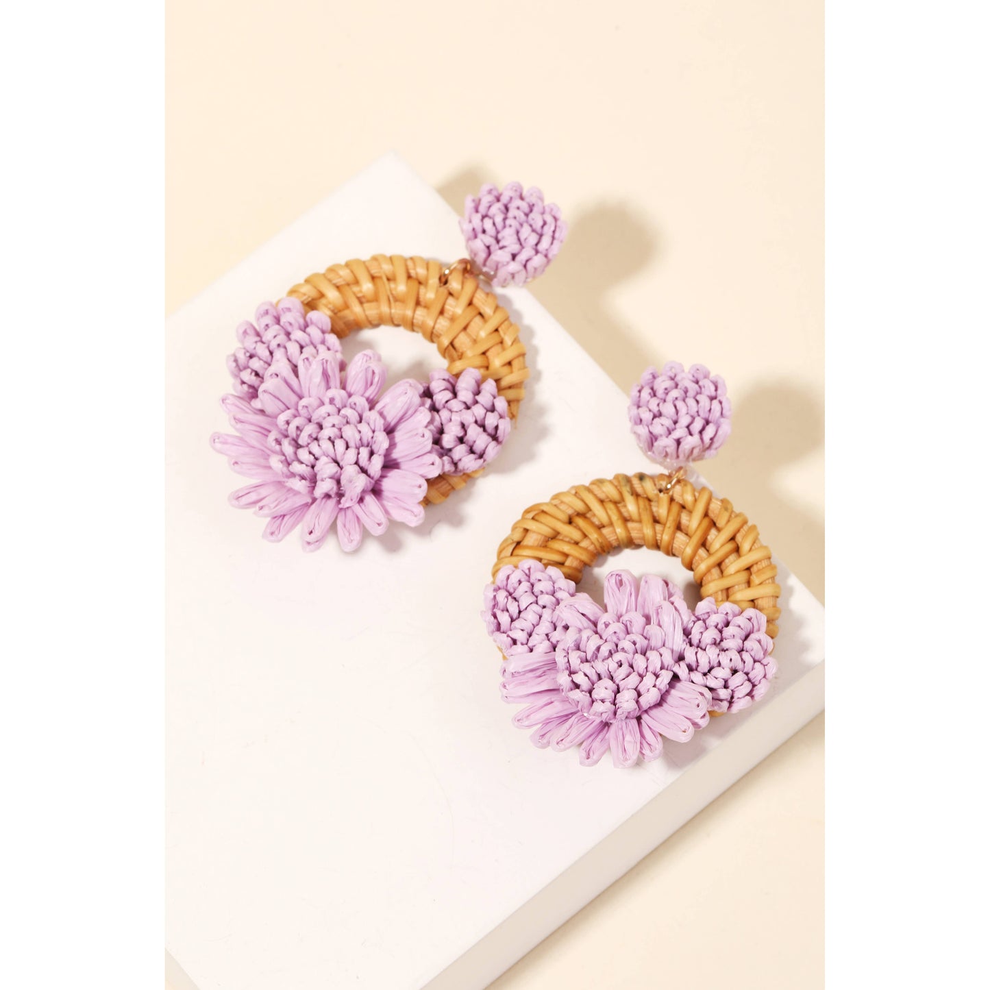 Raffia Flower Braided Hoop Drop Earrings