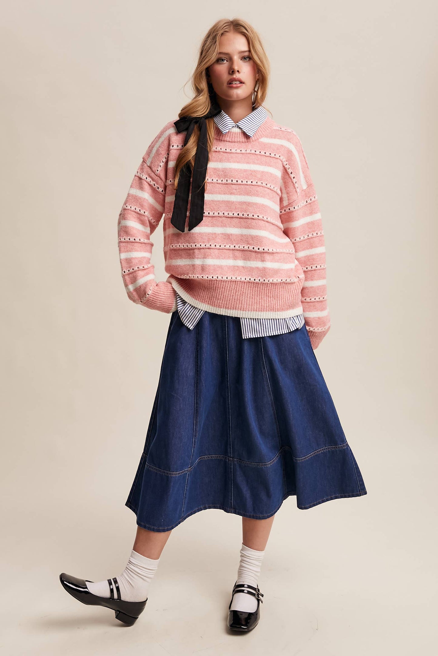 Striped Open-Stitch Sweater
