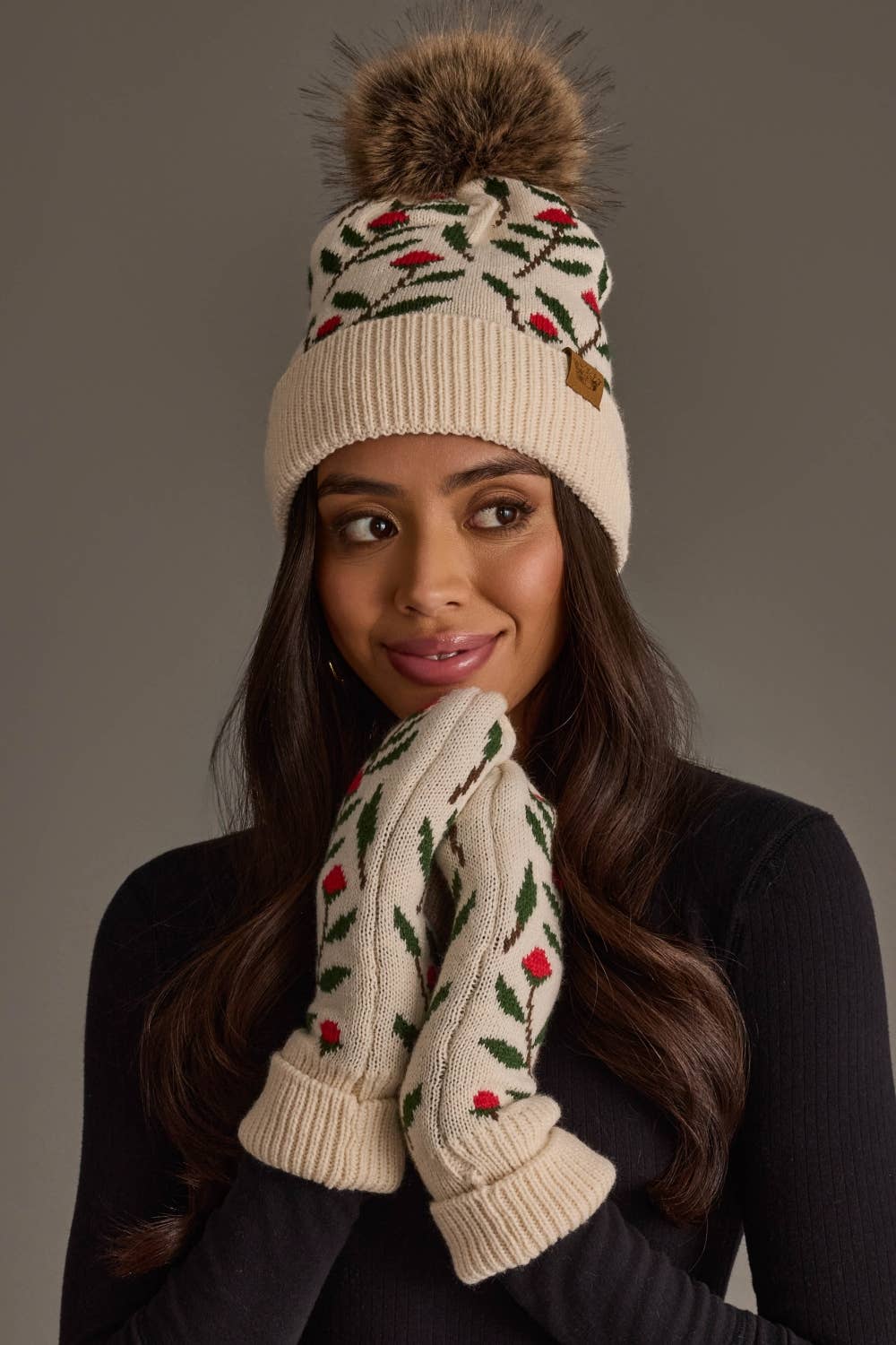 Cream Floral Pattern Knit Pom Hat