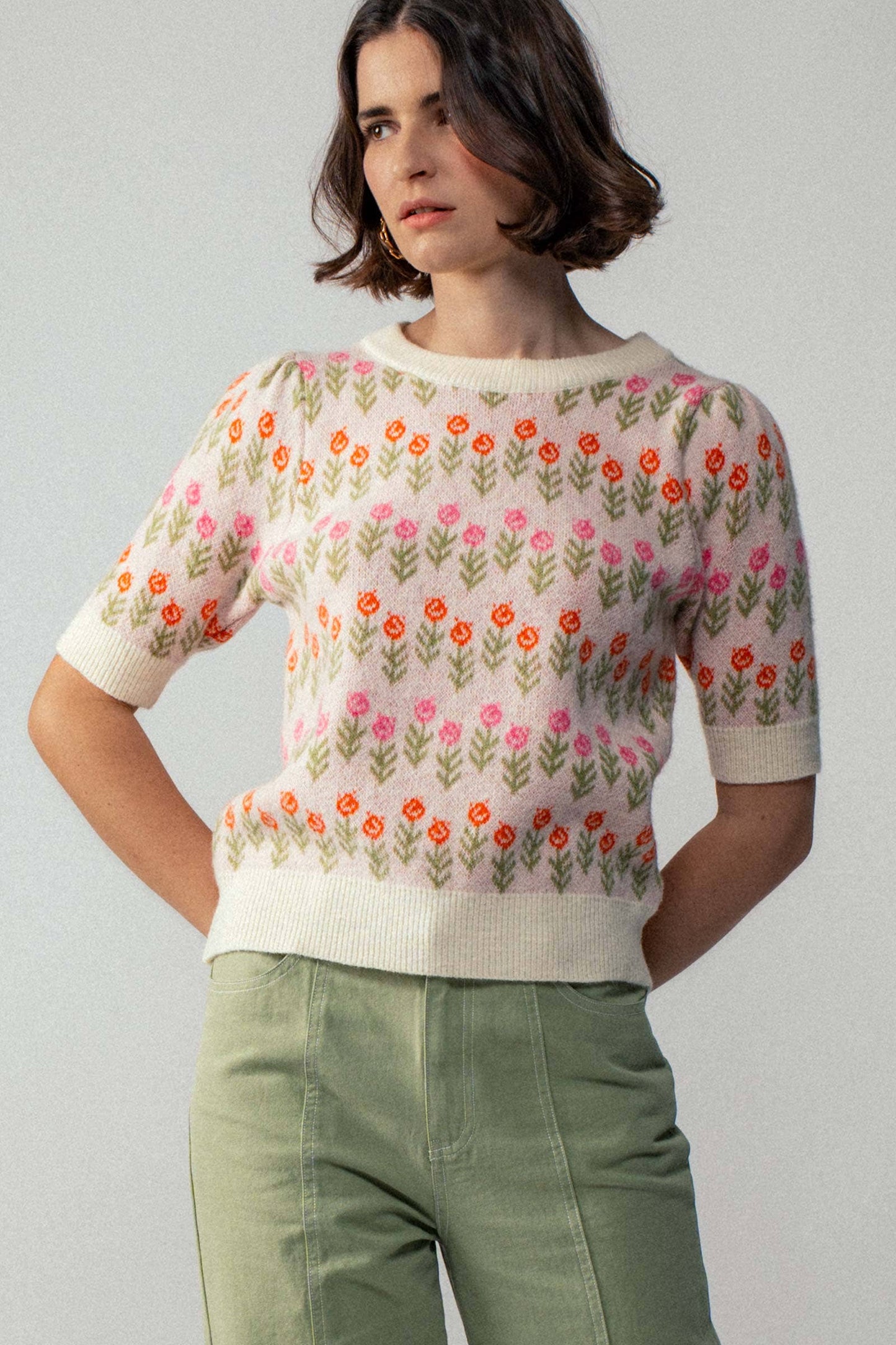 Floral Print Crew Neck Knit Sweater