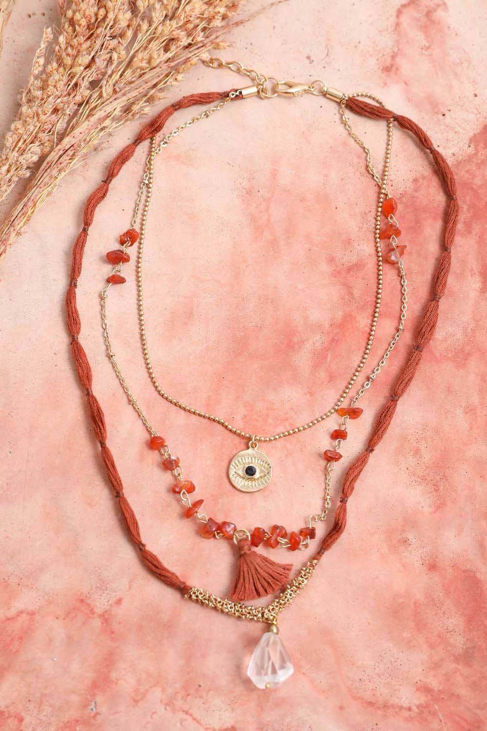 Carnelian & Crystal Drop Multi Layered Necklace