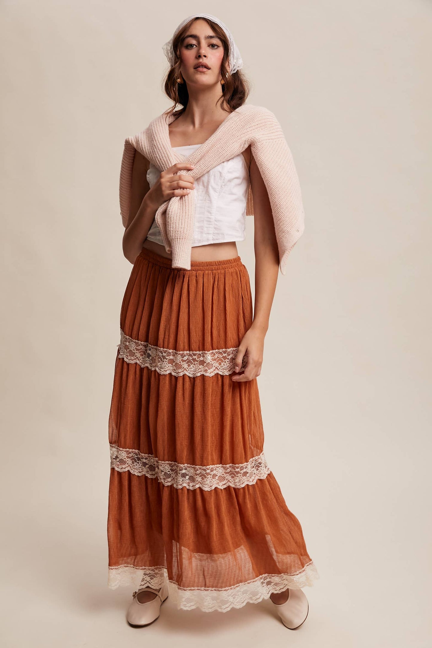 Tiered Lace-Trim Maxi Skirt