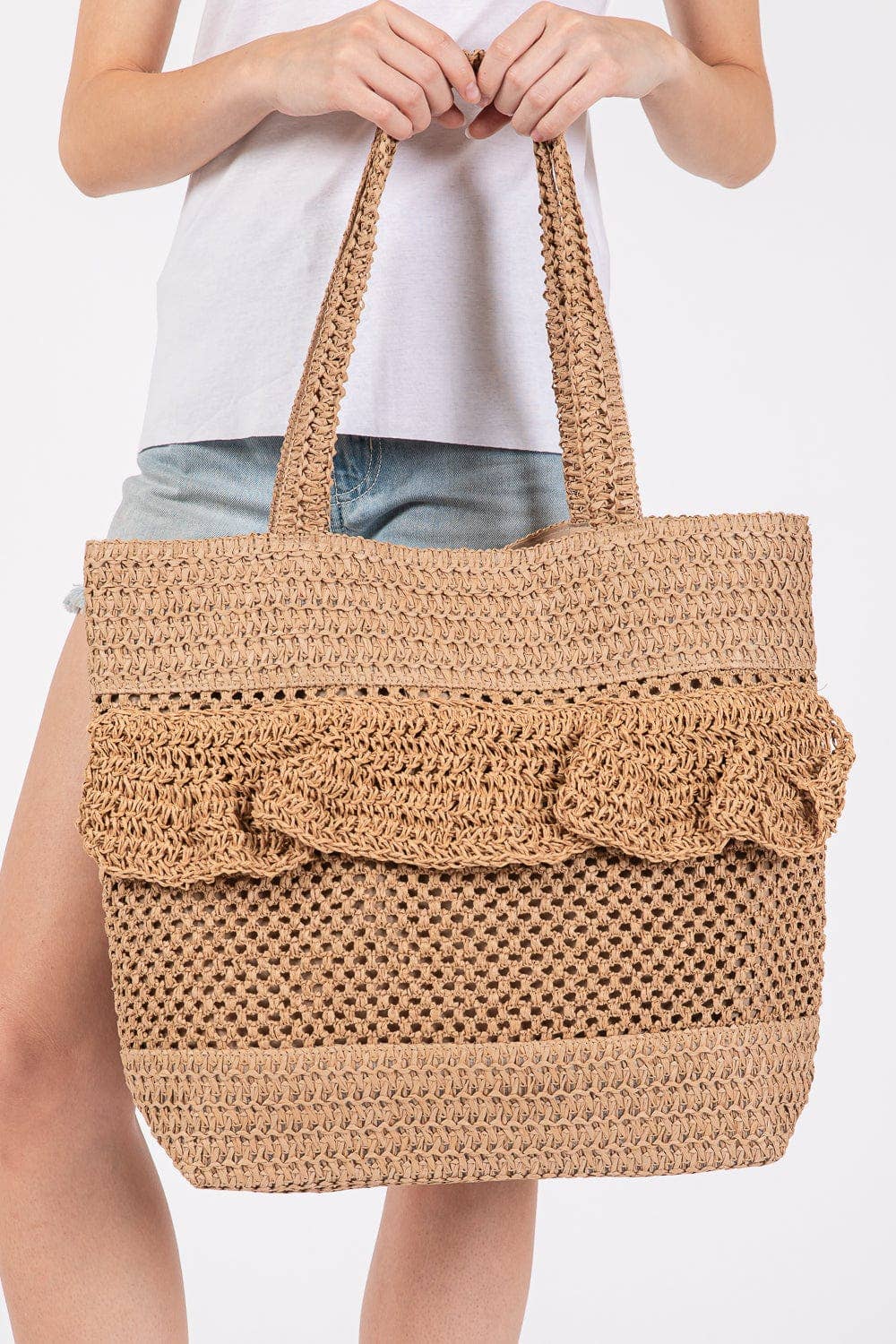 Ruffle Detail Crochet Straw Tote Bag