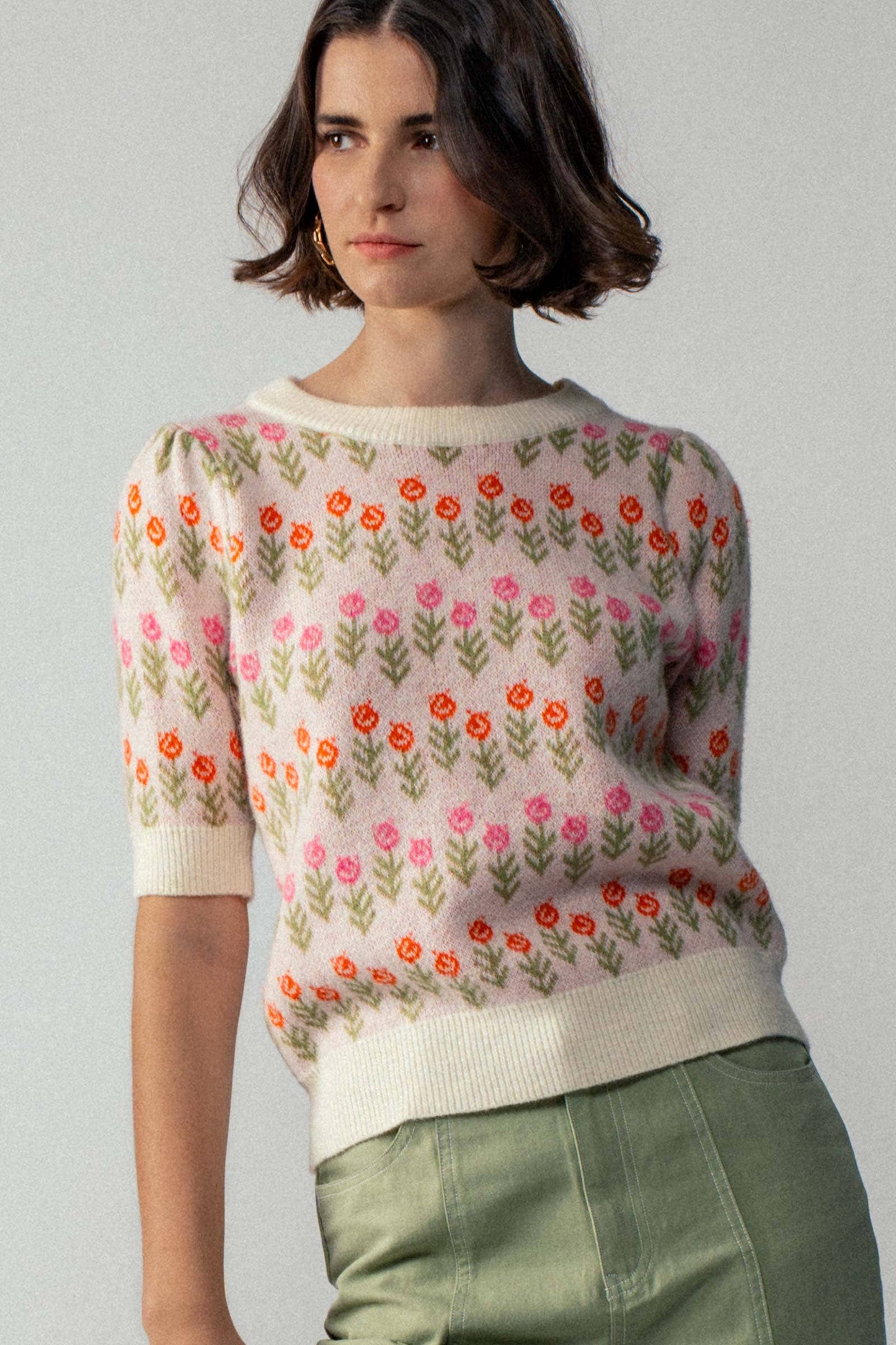 Floral Print Crew Neck Knit Sweater