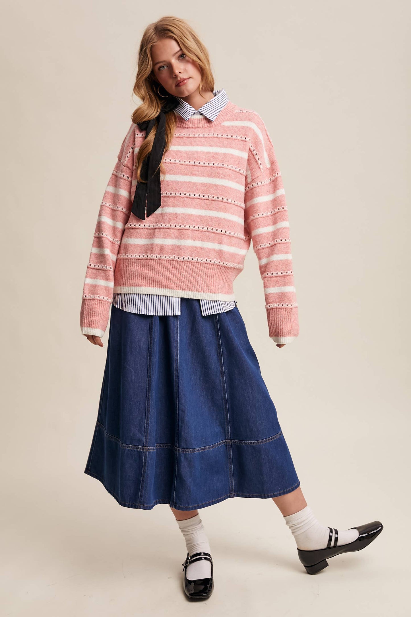 Striped Open-Stitch Sweater