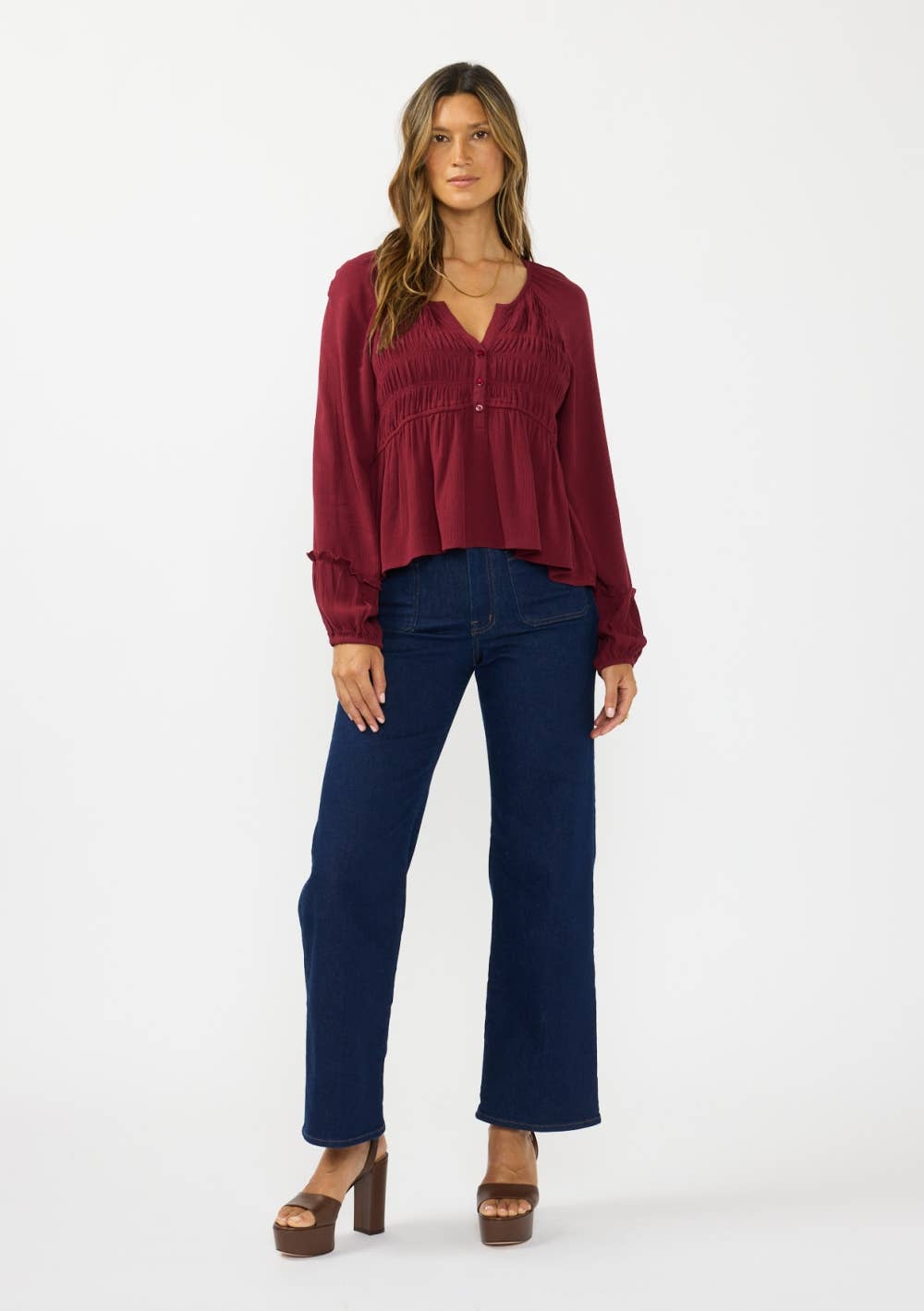 Maroon Bells Smocked Ruffle Hem Top