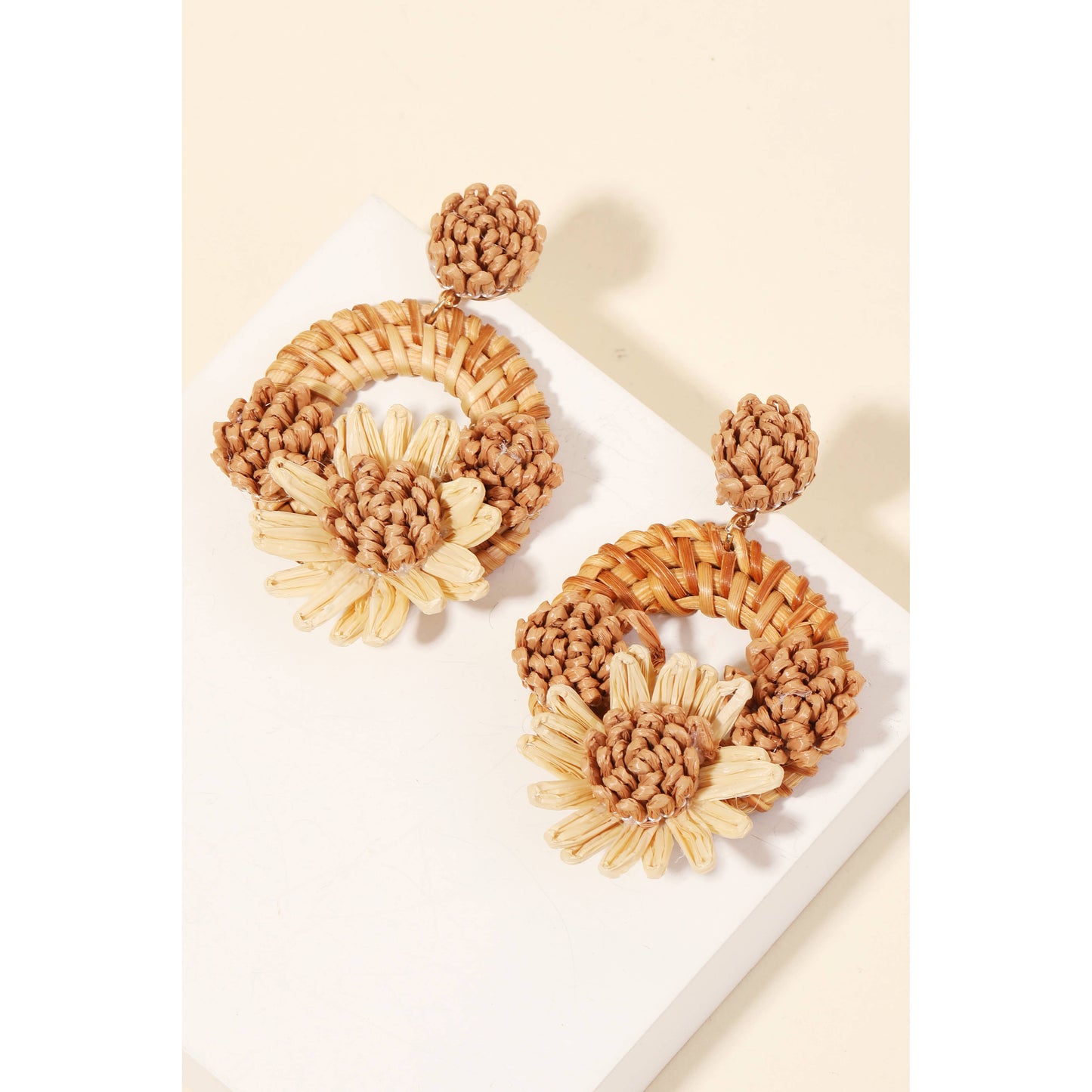 Raffia Flower Braided Hoop Drop Earrings