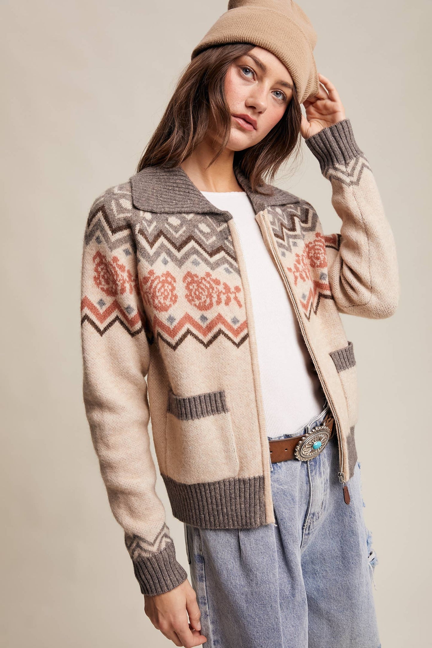 Retro Floral Knit Zip-Up Cardigan