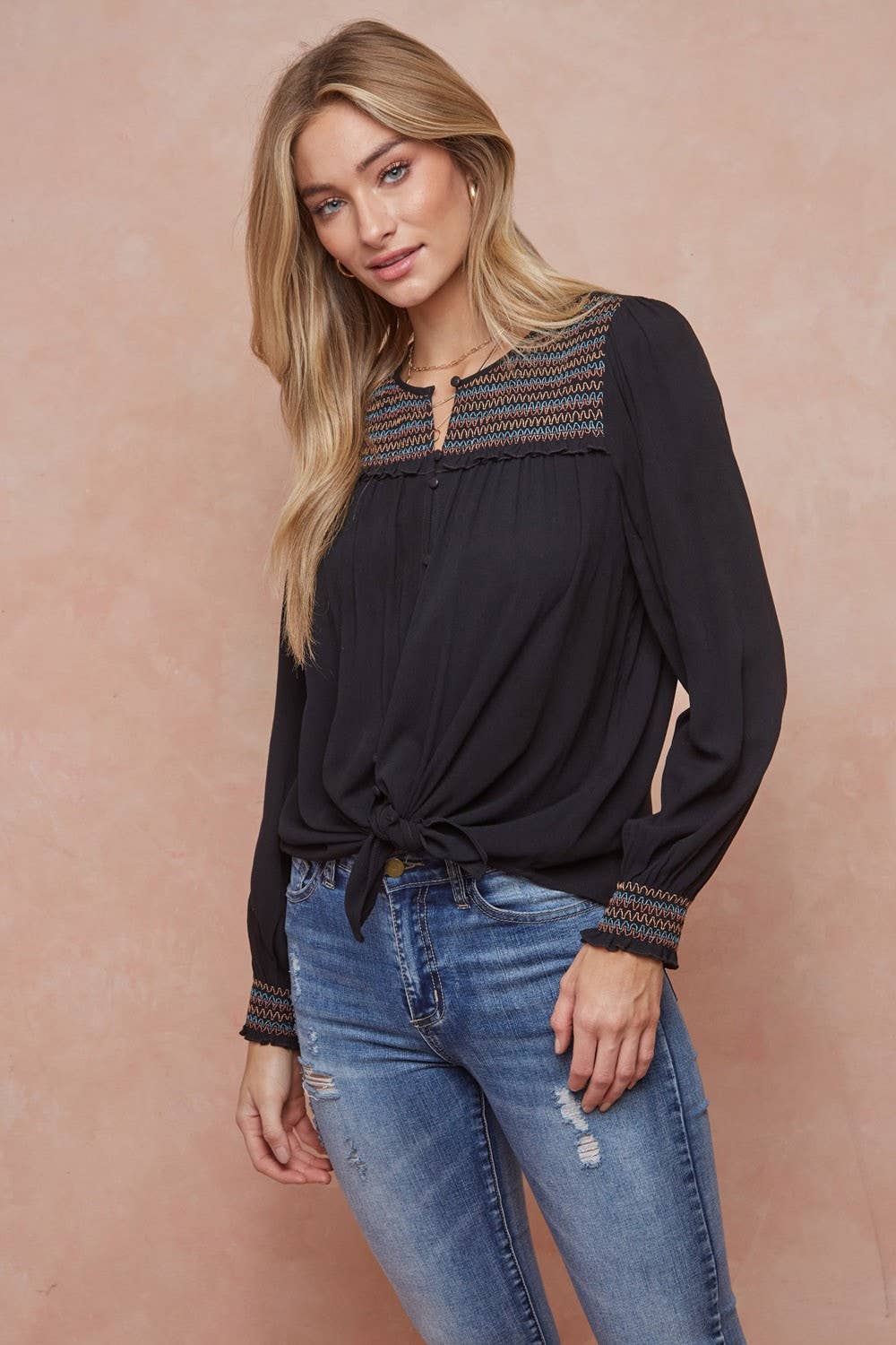 Embroidered Smocked Blouse