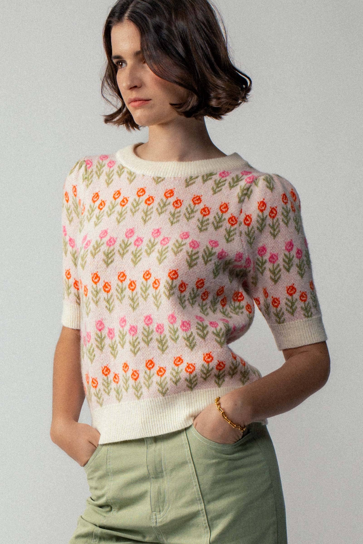 Floral Print Crew Neck Knit Sweater