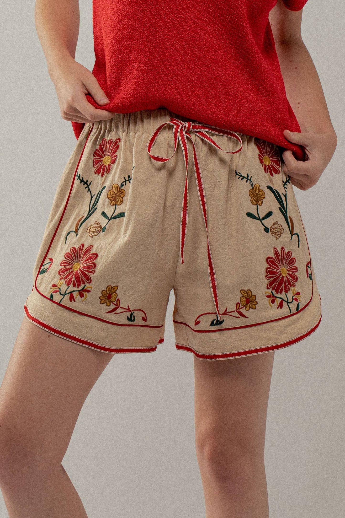 Embroidered Floral Drawstring Shorts