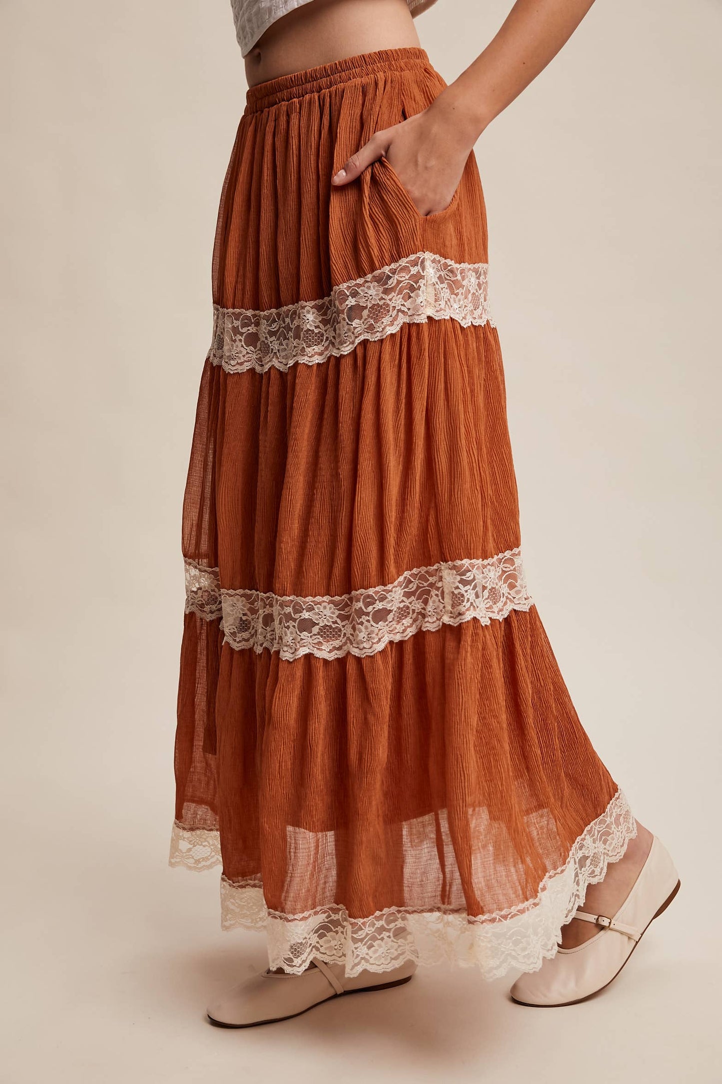 Tiered Lace-Trim Maxi Skirt