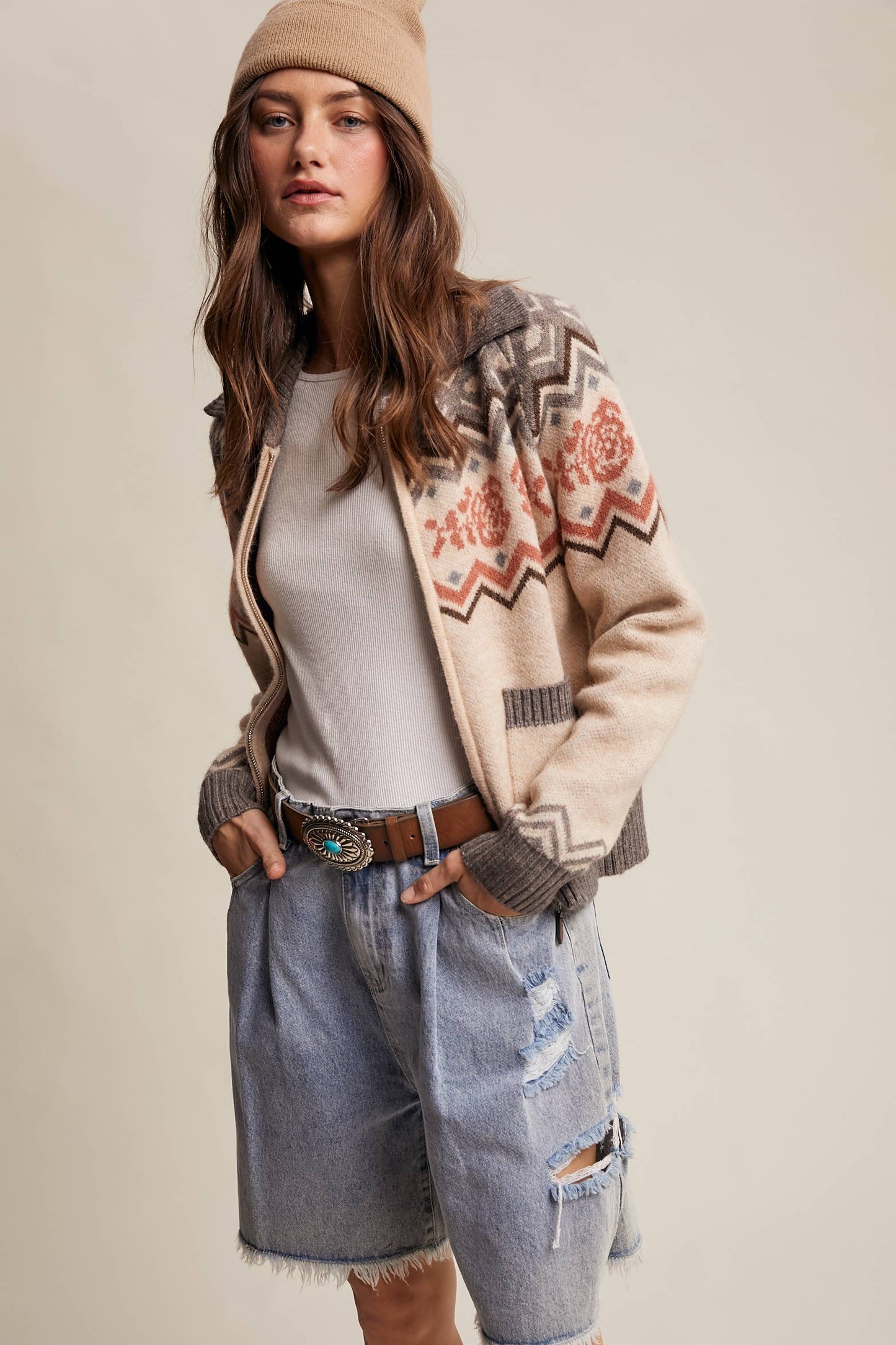 Retro Floral Knit Zip-Up Cardigan