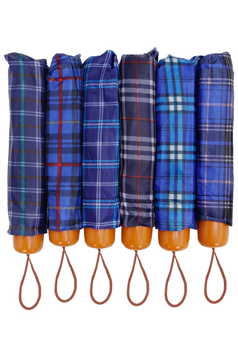 Blue Plaid Manual 8-Panel 3-Fold Compact Umbrella
