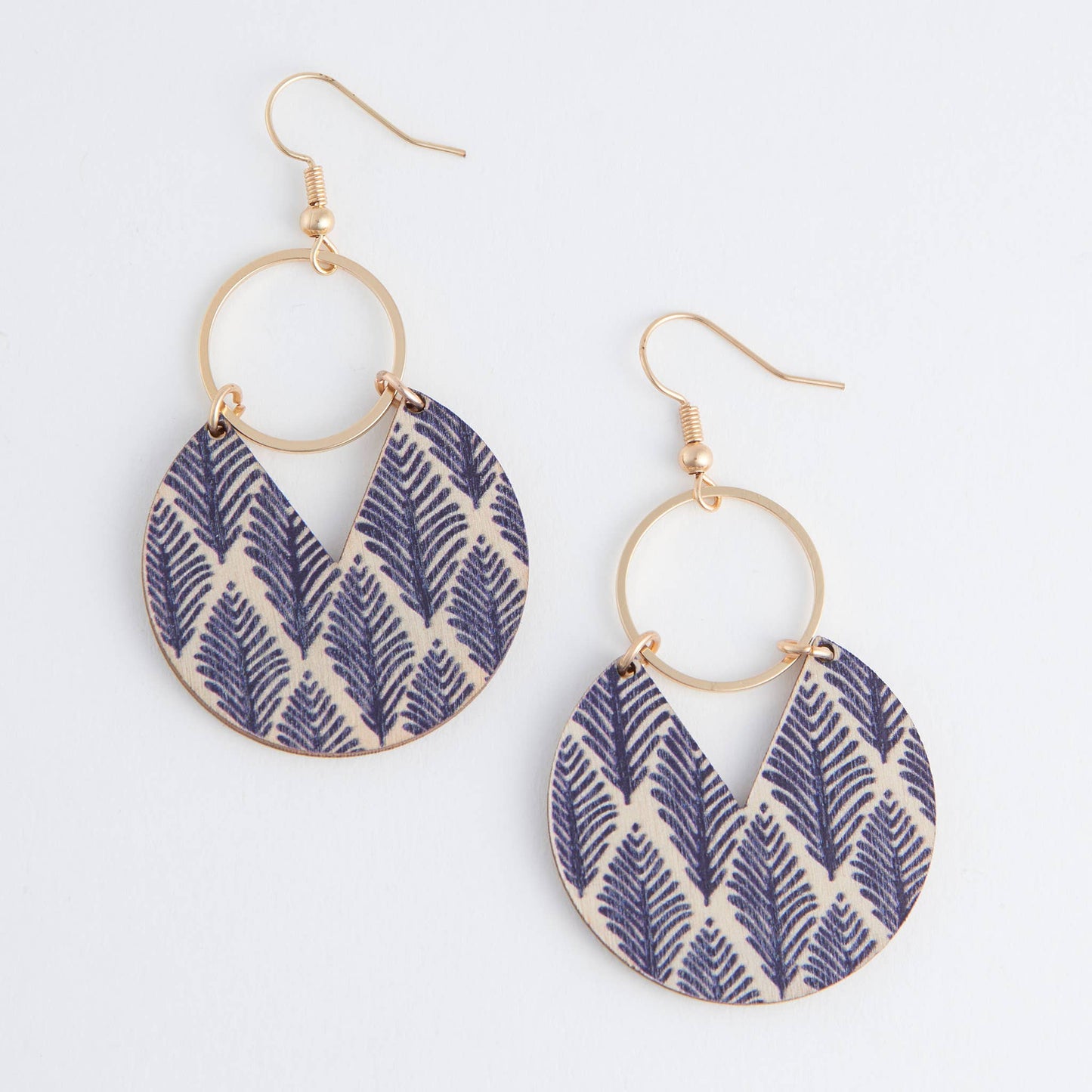 Wooden Leaf Print Gold Drop Earrings