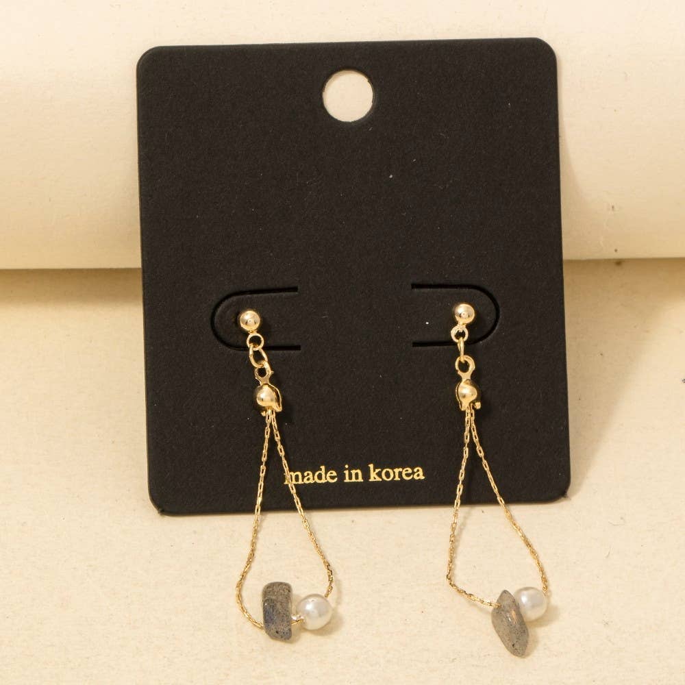 Chip Stone And Pearl Beads Chain Dangle Earrings