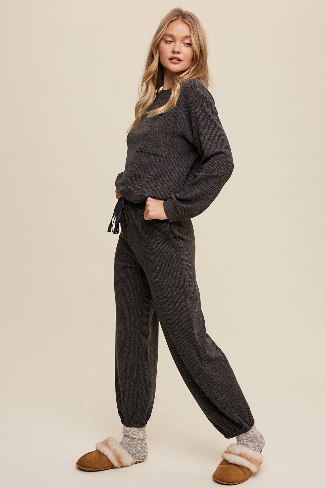 Waffle Knit Long Sleeve Lounge Set